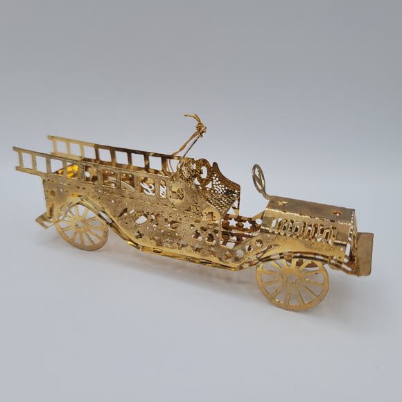 Vintage Metal Tin Gold Old Car Christmas Ornament - Picture 2 of 3